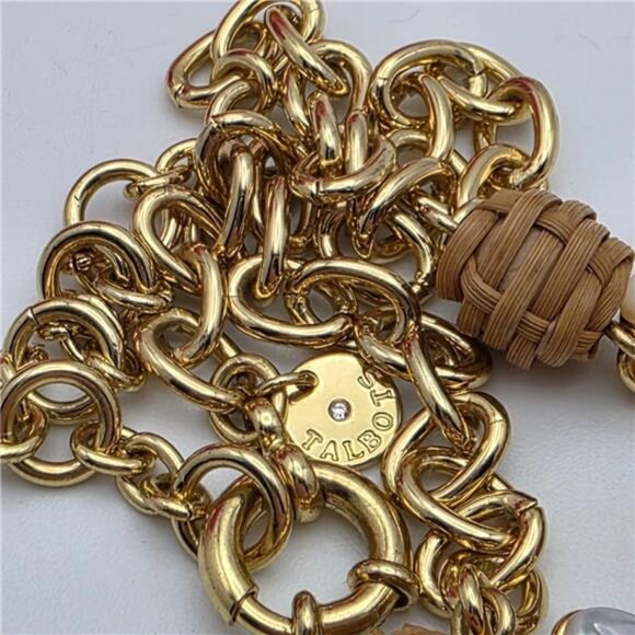 Talbots Mother Of Pearl Hibiscus Flower Necklace Gold Tone Brown Rattan 21 Inch - Picture 6 of 8